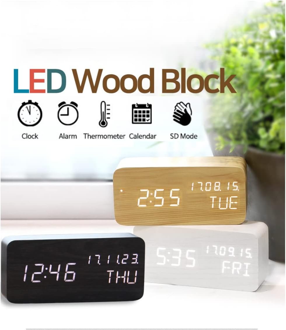 Wood Digital Alarm Clock Desk Time, Date(MM/DD/YY), Day of The Week, Temperature, Nightlight Large LED Display Portable Lamp Bedroom, Office, School, Home, Livingroom, Room (Black)