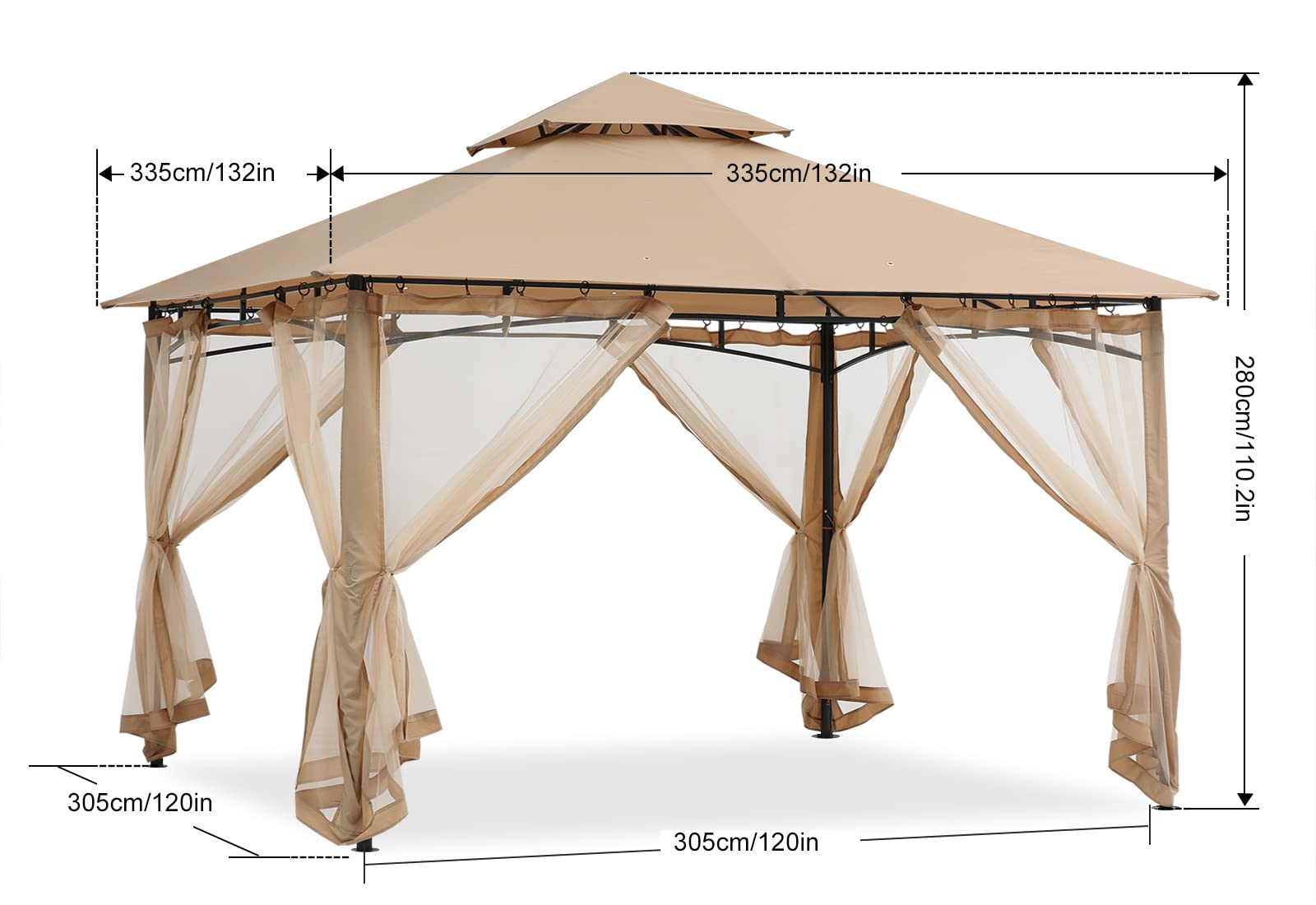 ABCCANOPY 3.35x3.35m Gartenpavillon für Terrasse Doppeldachweichdach Garten Hinterhof-Pavillon mit Netz für Schatten und Regen,Beige