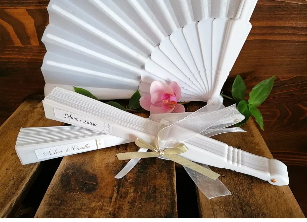 Set 60 Ventagli Bianchi Per Matrimonio - 43x23 Cm, In Plastica E Stoffa, Gadget Per Invitati, Idea Regalo Sposa - 4