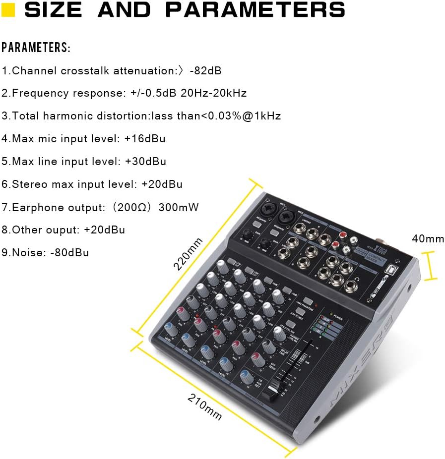 XTUGA MX8 mixer with dimensions and technical parameters listed