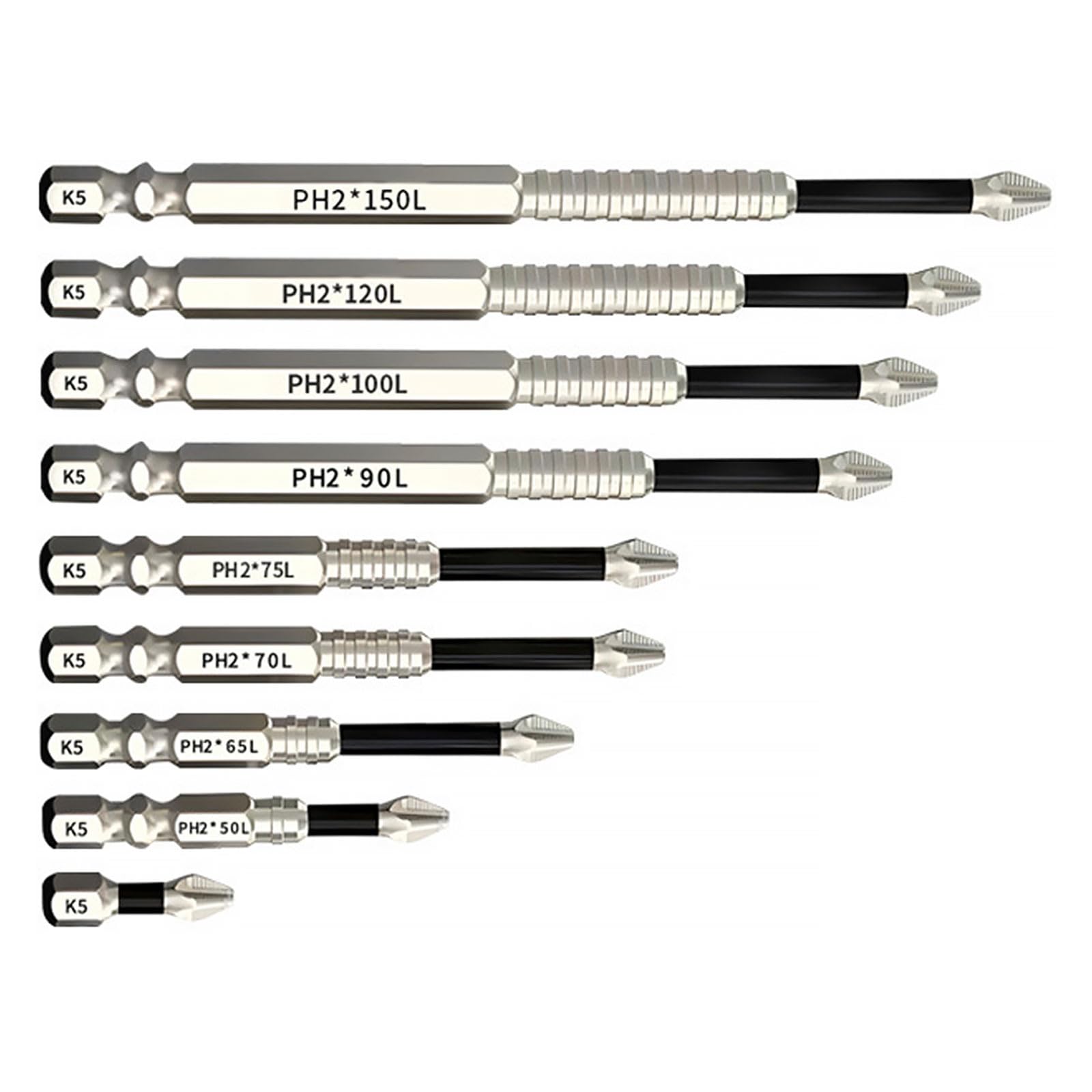 Anti Slip Screwdriver Bits PH2 Cross Head โ 9 Pack K5 Alloy Steel Impact Resistant Magnetic Drill Bits Set โ Professional Non Slip Driver Bits for Electric Manual Screwdrivers โ 25-150mm Length