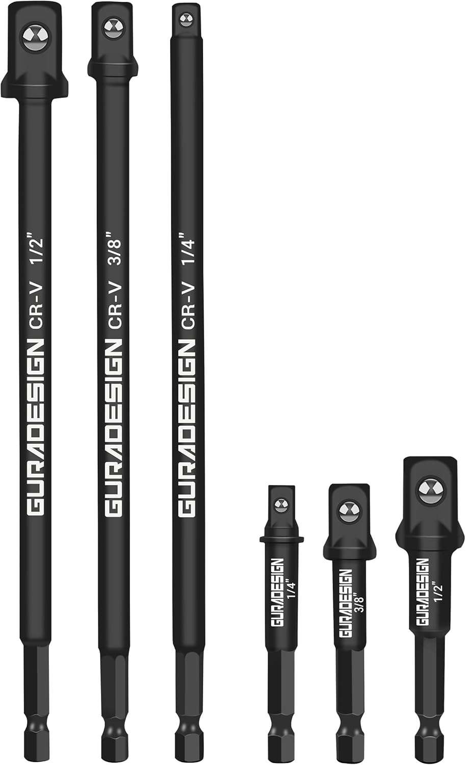 GURADESIGN 10“ Long Impact Socket Adapter Set for Drill 6-Piece, 10" and 3“, Impact Grade Power Drill Sockets Adapter Set, 1/4", 3/8", 1/2" Hex Shank Impact Driver Socket Adapter.
