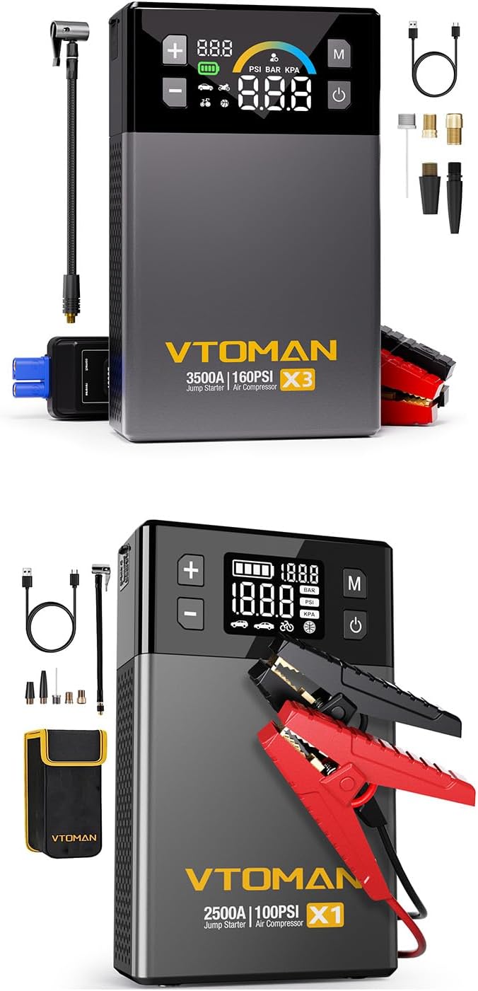 VTOMAN X1 Jump Starter with Air Compressor+VTOMAN X3 Jump Starter with Air Compressor, 3500A Portable Car Battery Jumper Starter (9L Gas/8L Diesel Engines) with 160PSI Auto-Shutoff Tire Inflator