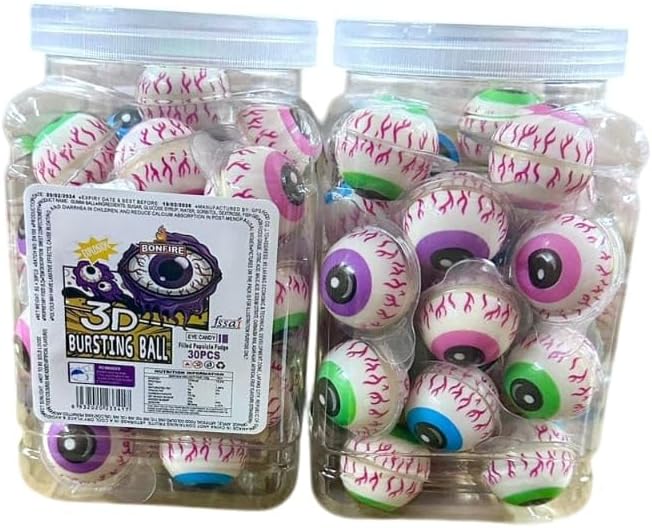 3D Bursting Fruit Punch Eyeball Candy Jelly Gummi Spooky Eyeball Shaped Center Filled Gummy Candy Halloween Special Tasty Jelly Balls 30 Pcs Jar, Fruit