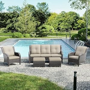 Luxury Wicker Patio Furniture 5 Pieces Outdoor Conversation Sets with 2 High Back Patio Rattan Chair 3 Seater Sofa 2 Patio Ottoman Thickened Cushions Ideal for Porch Deck Use