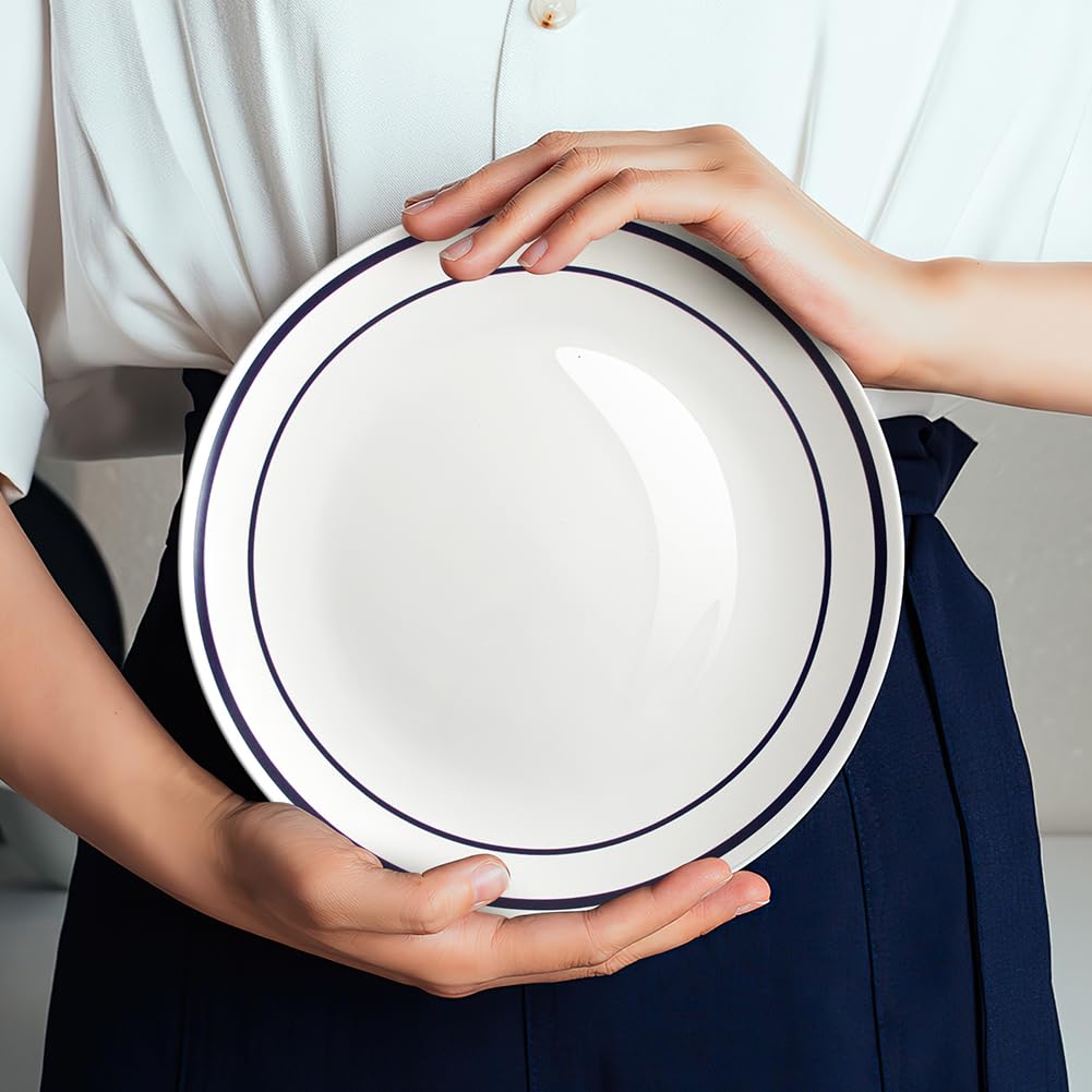 YFWOOD Ceramic Dinner Plates Set Of 6, 10.5 Inch Kitchen Dish Set, Contemporary Round Porcelain Tablewar,Microwave,Dishwasher and Oven Safe, Scratch Resistant Deep Plates - White & Blue Double Line
