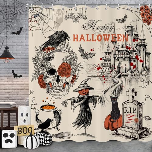 Caheansi Vintage Halloween Shower Curtain Gothic Skull Scarecrow Crow Grave Castle Retro Halloween Bathroom Curtain Waterproof Fabric Machine Washable with Hooks 72 Wx72 L