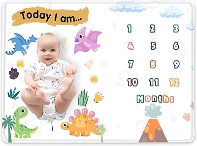 QICAIYUN Dinosaur Baby Monthly Milestone Blanket Flannel Neutral Month Blanket for Newborn Personalized Baby Photography Background Prop Large 60'x40' YUNBTZT070