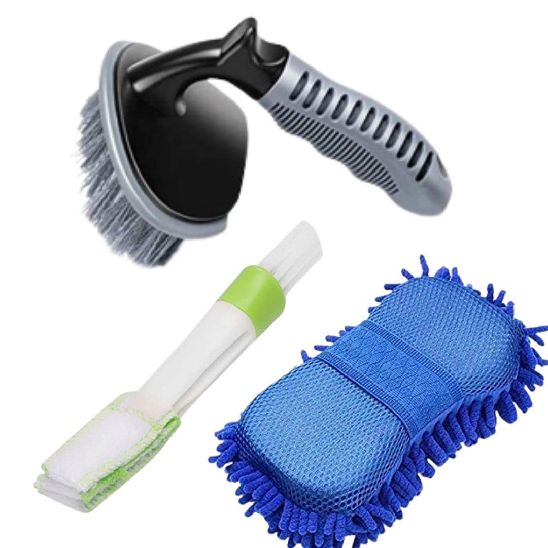 Accessories Combo tyre Cleaning Brush, Microfibre Sponge and car air Outlet ac Vent Cleaning Brush
