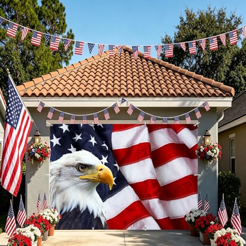 OERJU 4th of July Independence Day Garage Door Cover American Flag Bald Eagle Garage Door Decorations Banner National Holiday Labor Day Memorial Day Veterans Patriotic Party Supplies Wall Decor 7x8ft