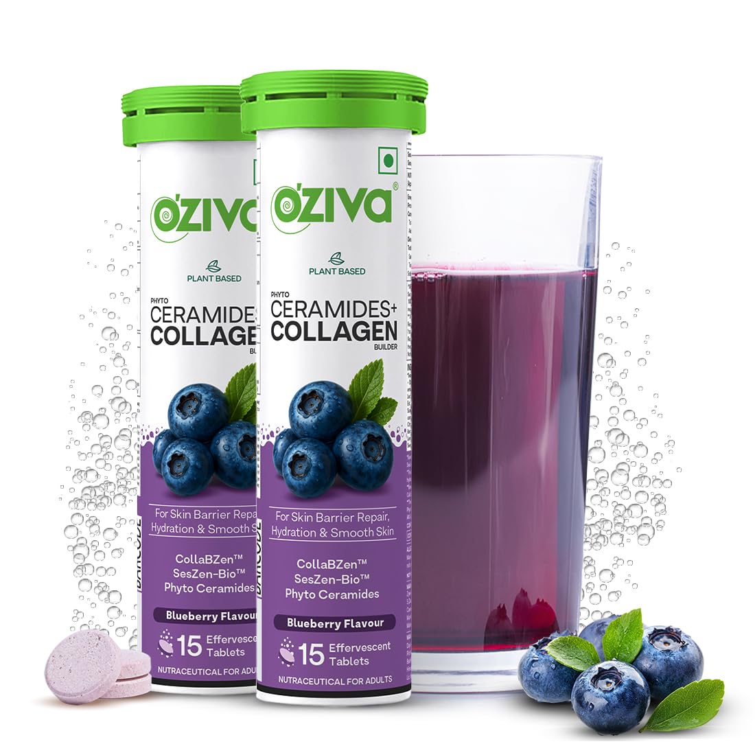 OZiva Phyto Ceramides+ Collagen Builder | For Mositure Retention, Barrier Repair & Hydration Boost | With Suran Extracts, CollabZen & SesZen-Bio | Blueberry Flavor | 30 Tablets (Pack of 2)