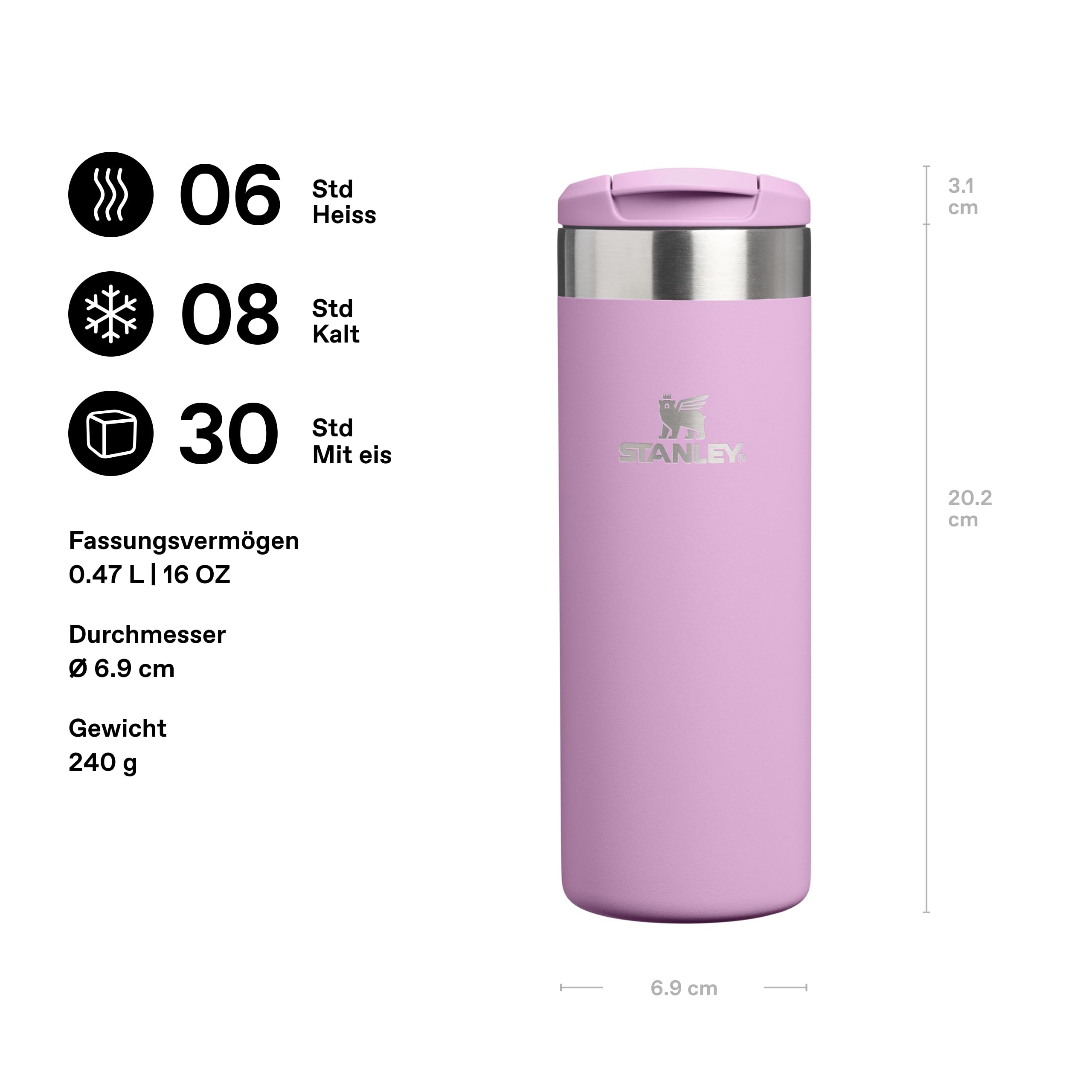 STANLEY 1913 Aerolight Transit Thermobecher 0.47L - Lilac | Hält 6 Std. heiß - 8 Std. kalt - Spülmaschinenfest - Auslaufsicher - Becherhalter kompatibel