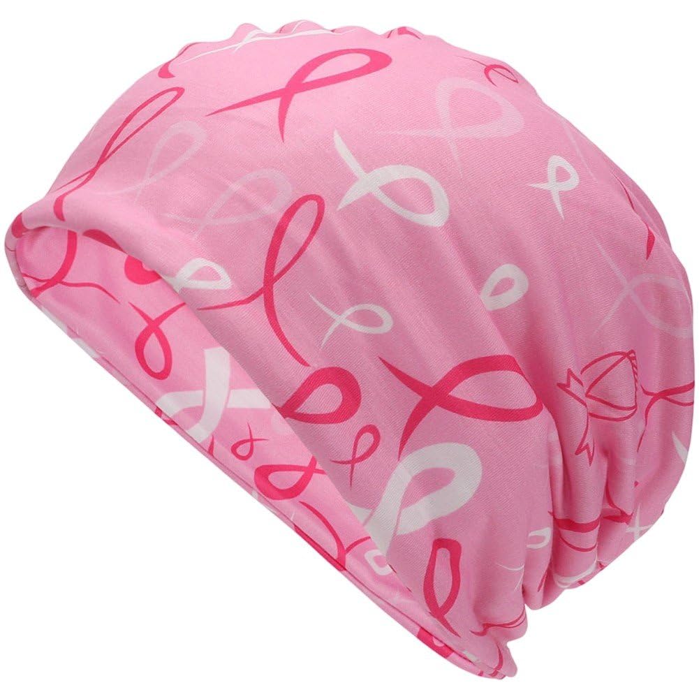 Sslvya Breast Cancer Awareness Beanie Cap Pink Ribbon Pattern Skull Cap for Breast Cancer Support Charity Event Daily