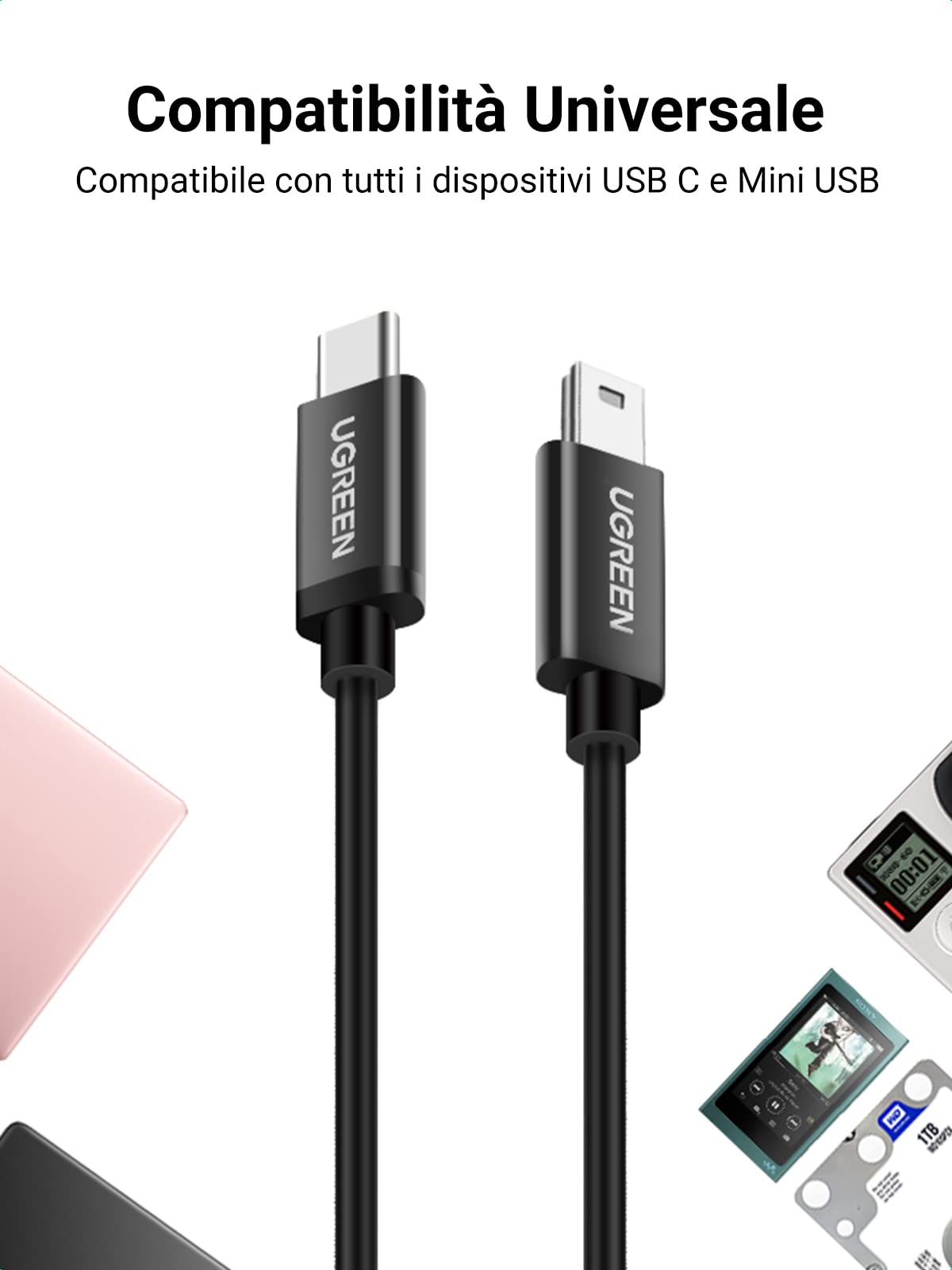 UGREEN Cavo Mini USB B a Tipo C Cable Type C 3.1 Compatibile con Hard Disk Esterno, Fotocamere (1M)