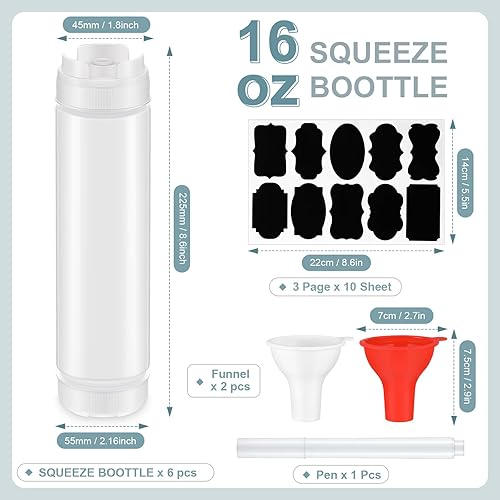 Miniatura 4 de Sabary 6 botellas exprimibles de condimentos de 16 onzas para salsa, botellas de plástico invertidas con calcomanías y embudo, válvula grande sin