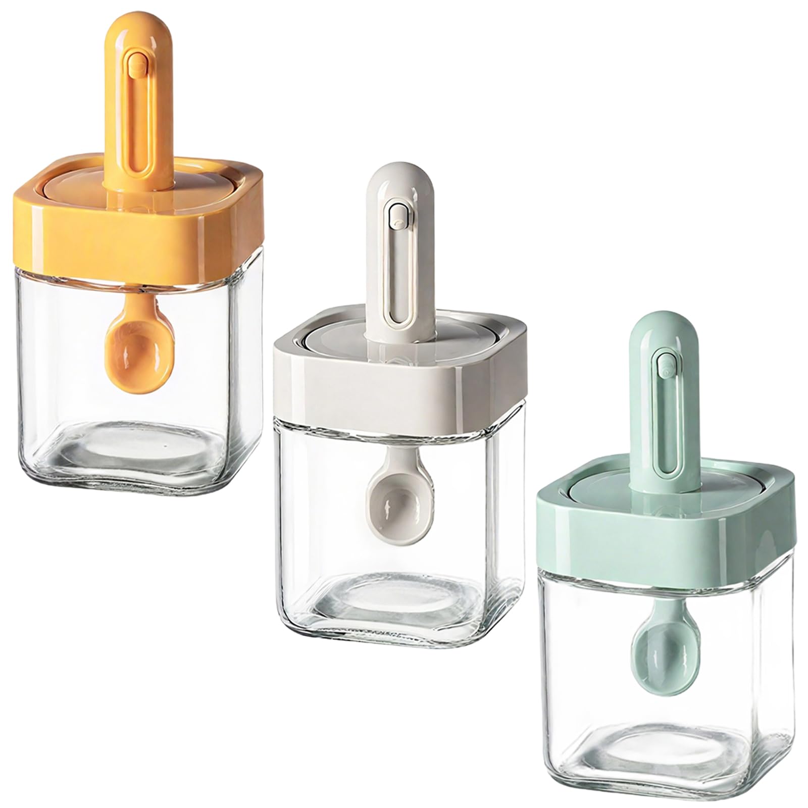 3 pièces bouteille à épices en verre rétractable, pots à épices avec cuillère intégrée, organiseur de cuisine pour condiments, hauteur 14,8 cm, jaune, vert, gris, rangement pratique pour le plan de