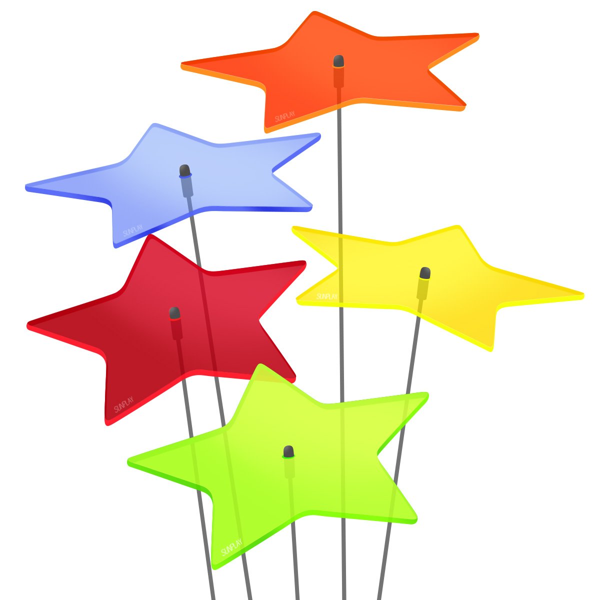SUNPLAY Sonnenfänger Sterne Stella im FARBMIX, 5 Stück zu je 20 cm Durchmesser im Set + 70 cm Schwingstäbe