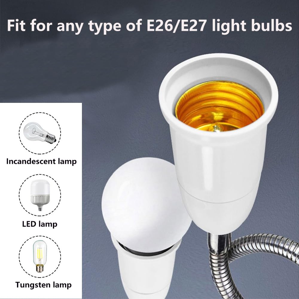 E26/E27 Light Socket Extender Adapter,60cm/24 inch Light Bulb Extension,E26 to E26 Socket Extender,Bendable Flexible Gooseneck Adjustable Extension Socket Extender Adaptor (2 Pack)