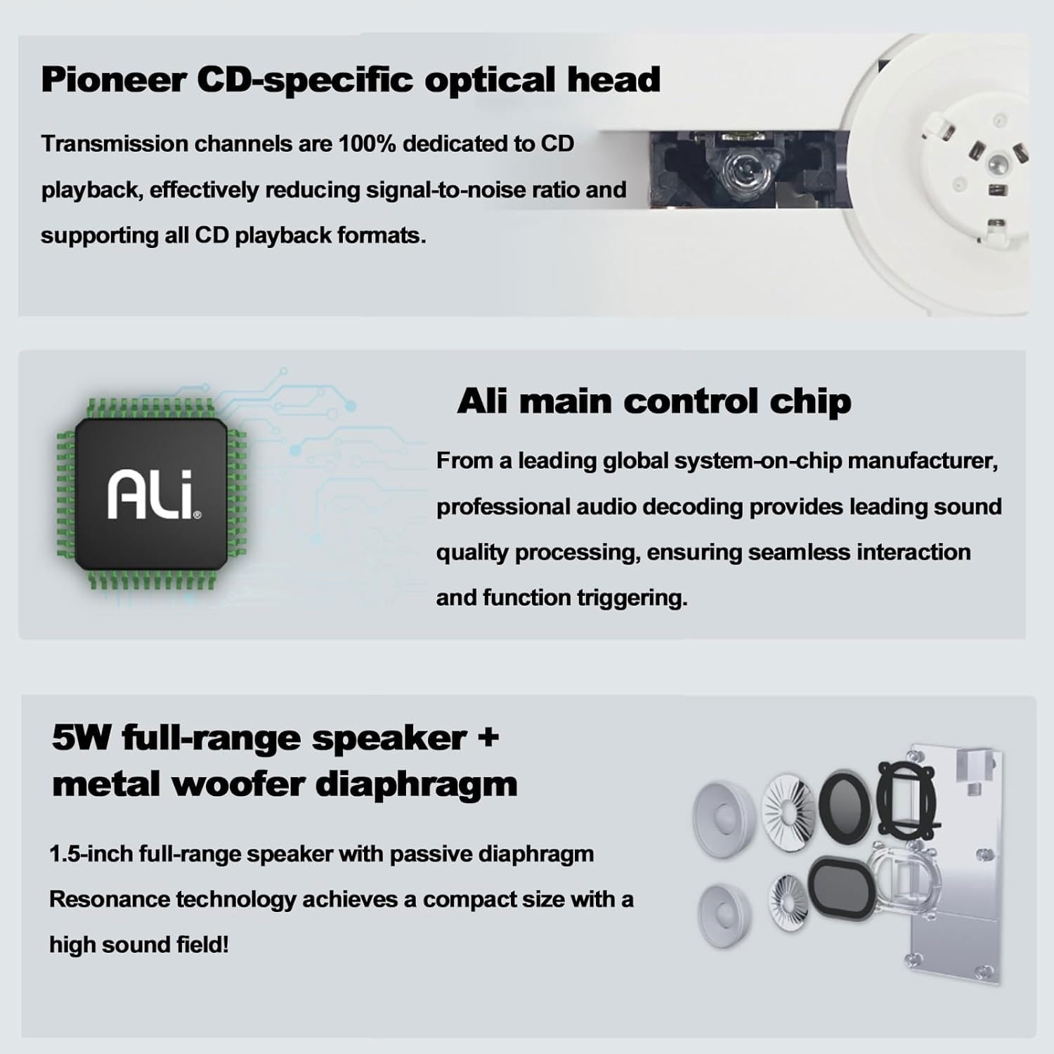 Lettore CD 3 in 1 con altoparlante Bluetooth staccabile, design portatile e ricaricabile, uscita stereo da 3,5 mm per la casa o l'ufficio