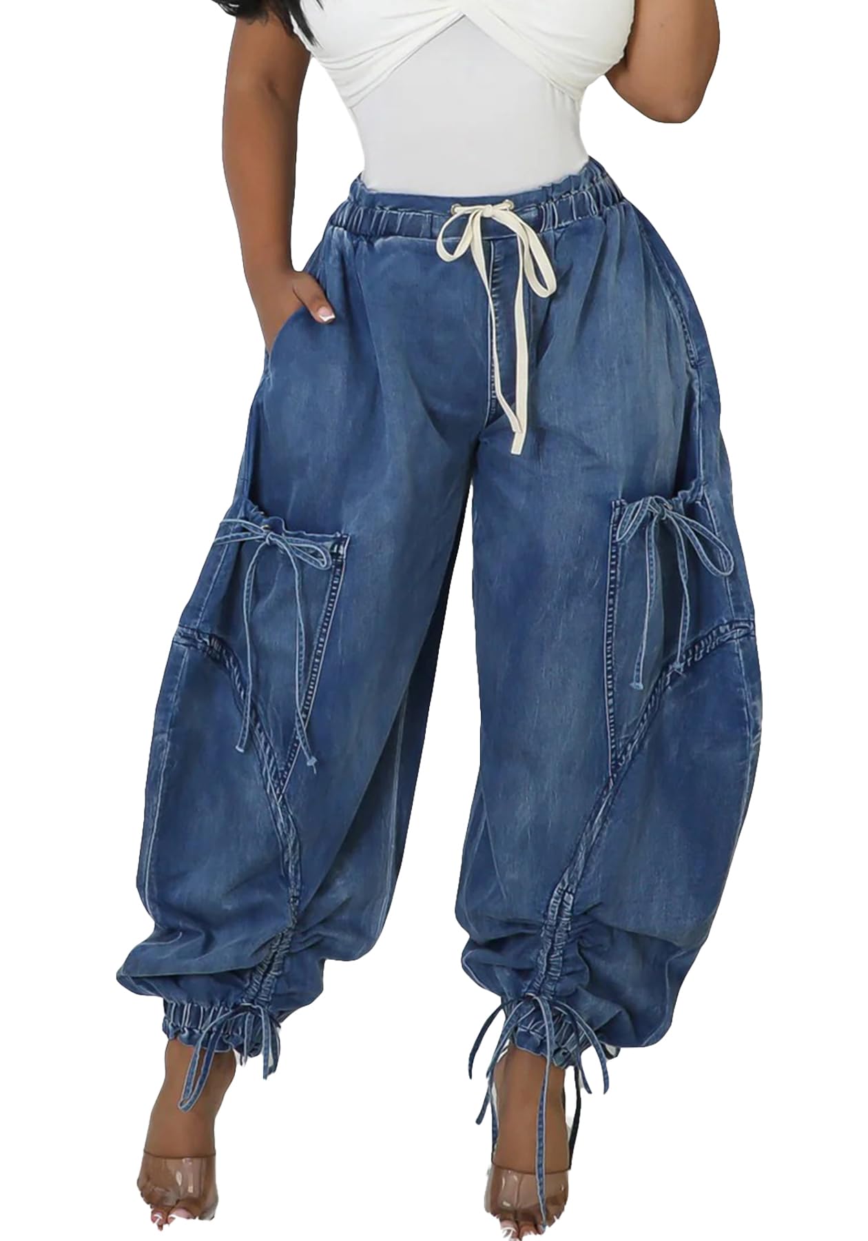 LETSVDOWomen's Baggy Cargo Jogger Jeans High Waisted Wide Leg Drawstring Bow Pockets Loose Harem Denim Pant Sweatpants