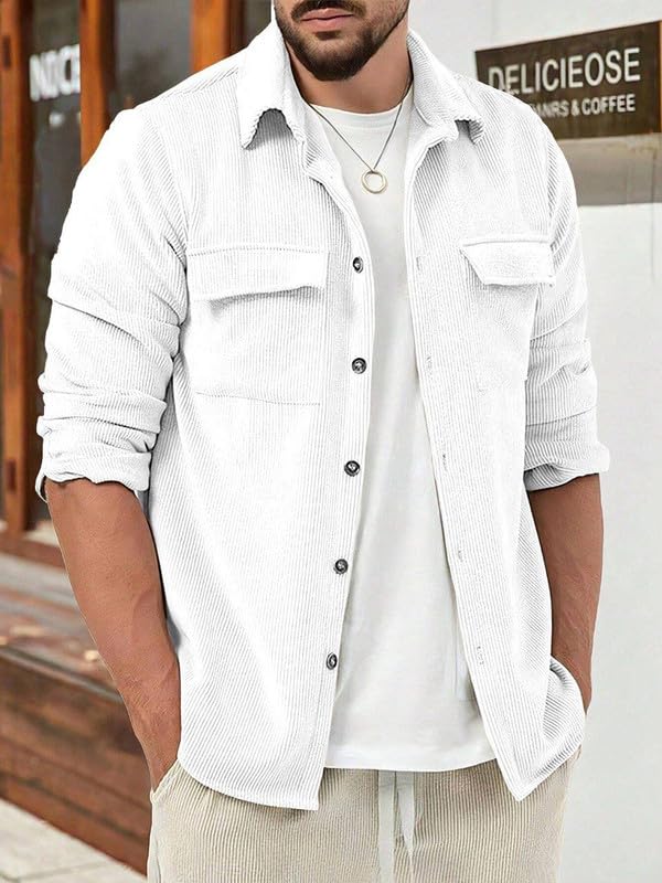 Image of Men Corduroy Casual Jacket Full Sleeve Self Design Button Front with Spread Collar, Woven Cord Lining and Two Pockets for Casual Outings