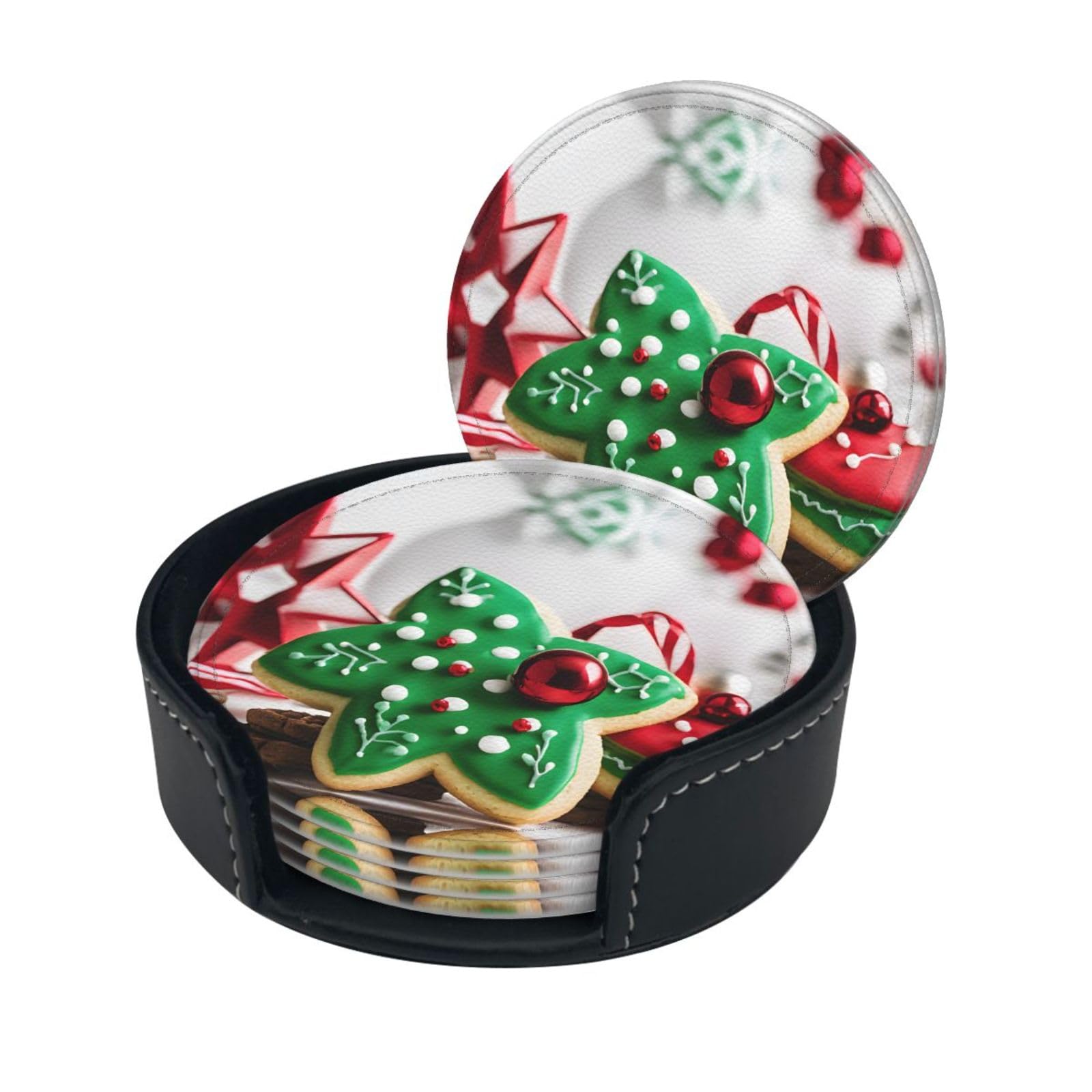 Gingerbread Man Candy Print Coaster,Round Leather Coasters with Storage Box for Wine Mugs,Cold Drinks and Cups Tabletop Protection (6 Piece)
