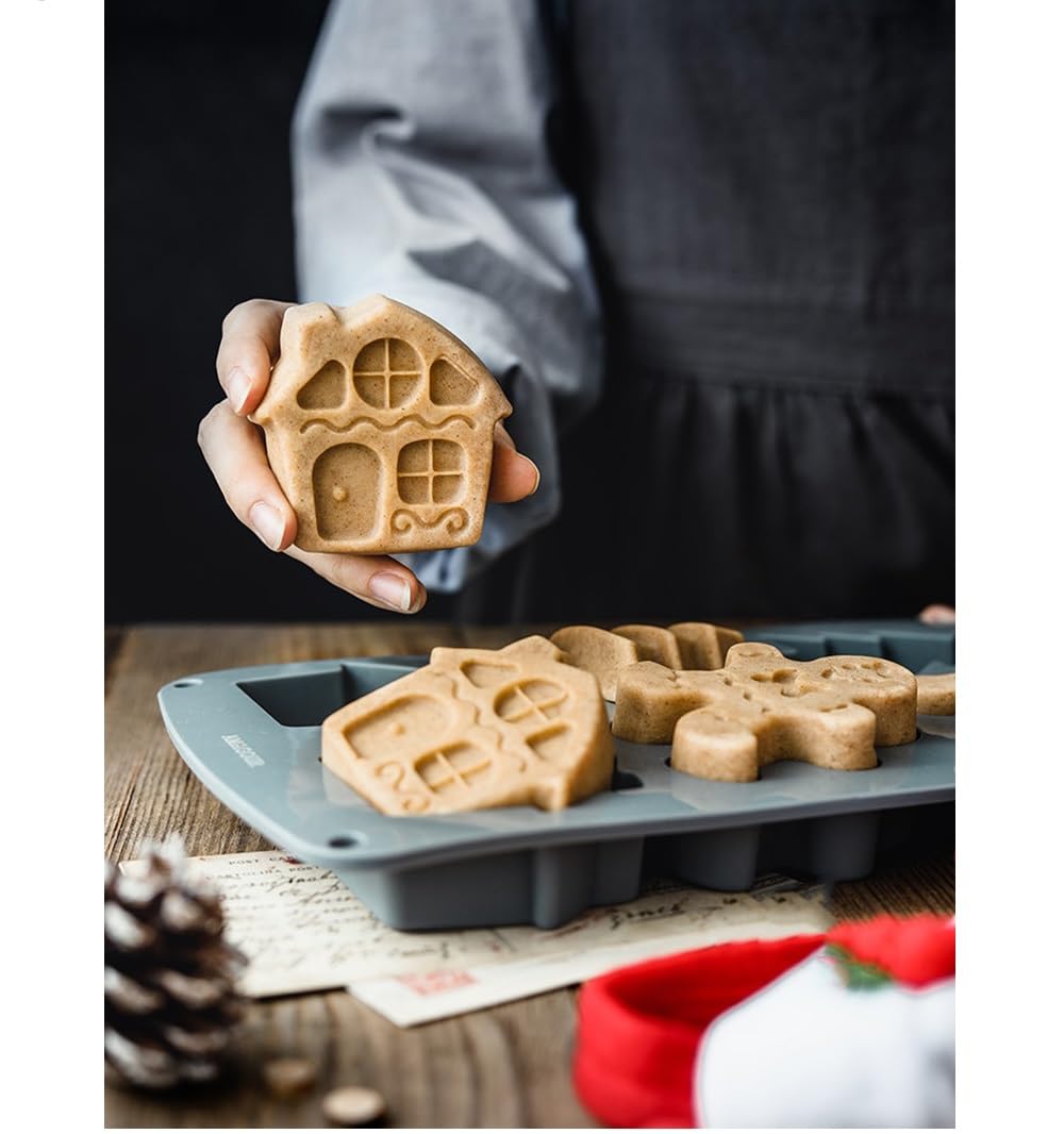 DAVBIR Christmas Bakeware, Christmas Tree Gingerbread Man Gingerbread House Cakelet Pan Silicone Molds Non-Stick Muffin Pan