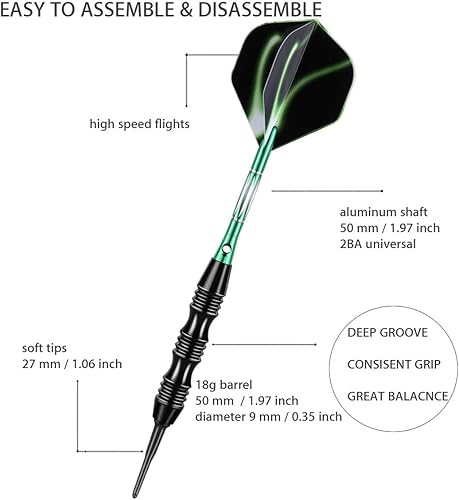 Miniatura 2 de Juego de dardos profesionales de punta suave de 0.71 oz, 50 juntas tóricas de goma + punta de plástico de 30 dardos + ejes de aluminio + 6 vuelos