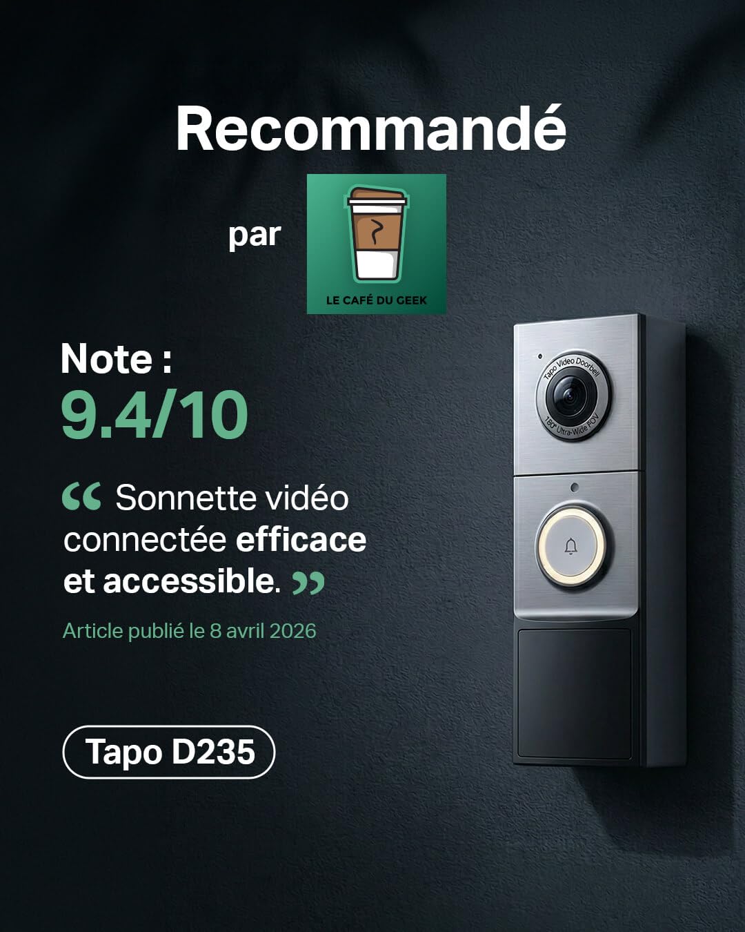 Tapo D235 Sonnette sans Fil avec Camera 2K+ 5MP, IP66 étanche, 180° Vision Ultra-Large, Vision Nocturne Couleur, Audio Bidirectionnel, Détection AI Gratuite