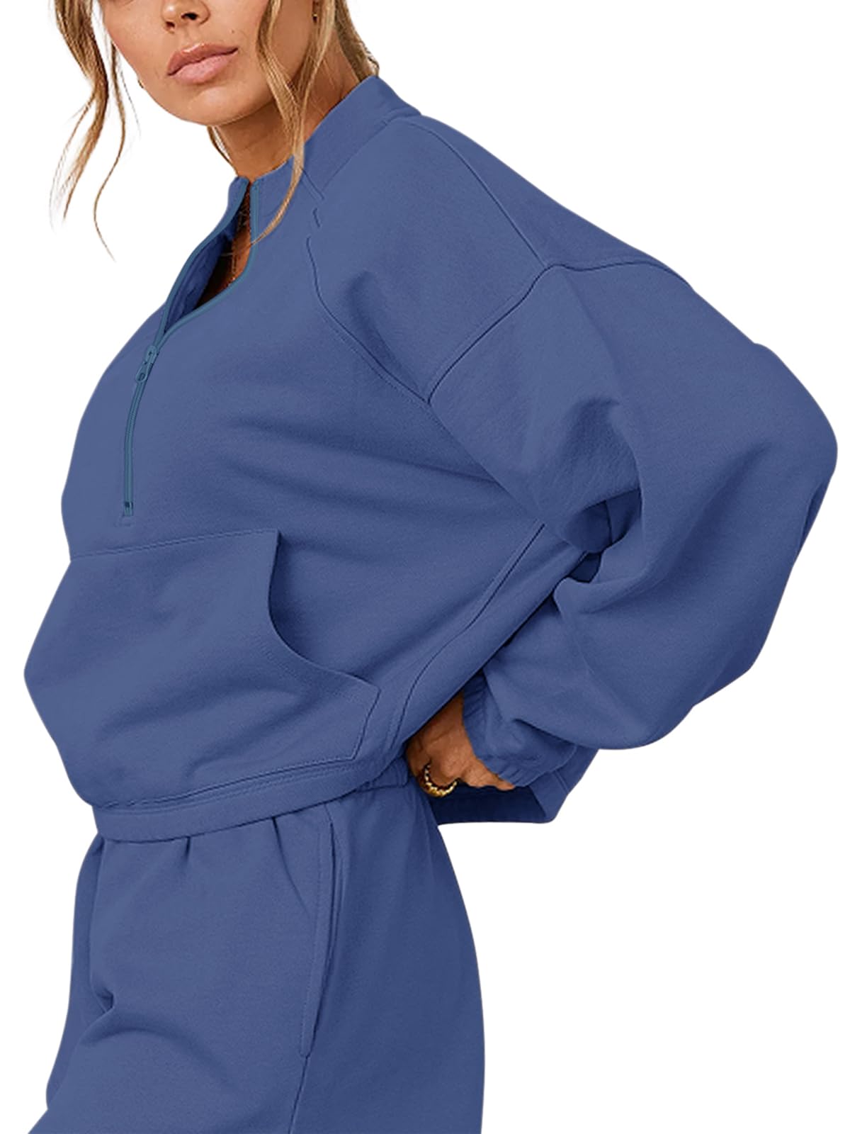 REORIA Tuta da donna in cotone con colletto alla coreana, a maniche lunghe, mezza cerniera, due pezzi, con tasca a marsupio, Blu scuro, XL