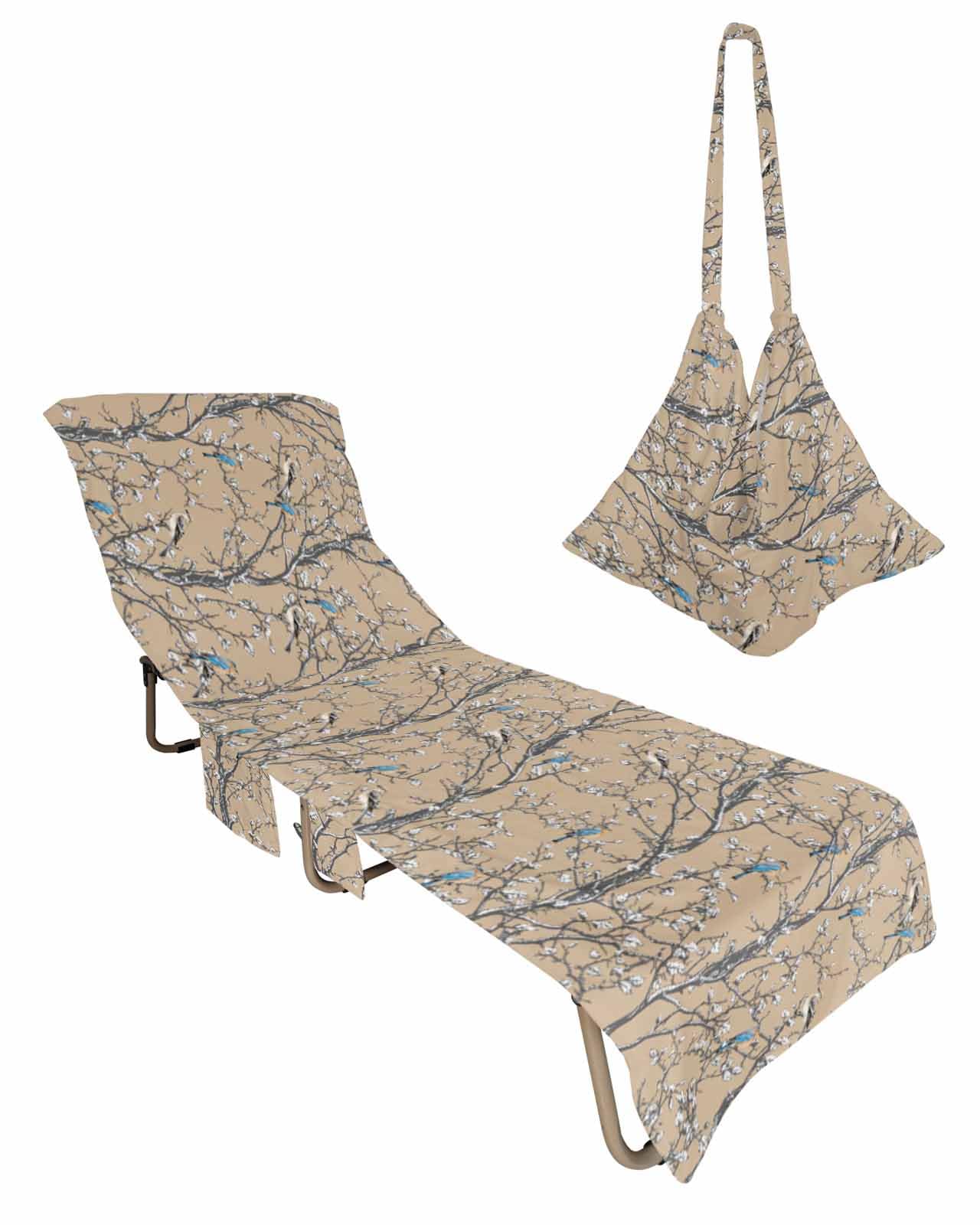 Blossom Bird Beach Chair Towel Covers for Chaise Lounge with Side Pocket, Soft Plush Pool Towels Cover for Patio Sunbathing Outdoor 29''x85'' Brown Tree Branch Watercolor Flower