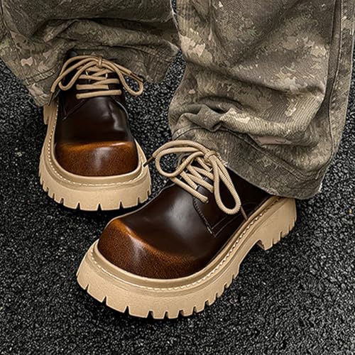 Men's Vintage Leather Platform Oxfords,Classic Comfort Round Toe Lace Up Non-Slip Casual Dress Business Derby Shoes 5