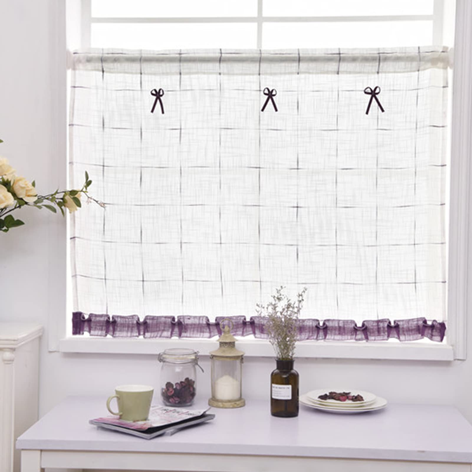 Rideaux de cuisine violets 140x15cm, brise-bise style rural semi-ombragé pour café et taverne
