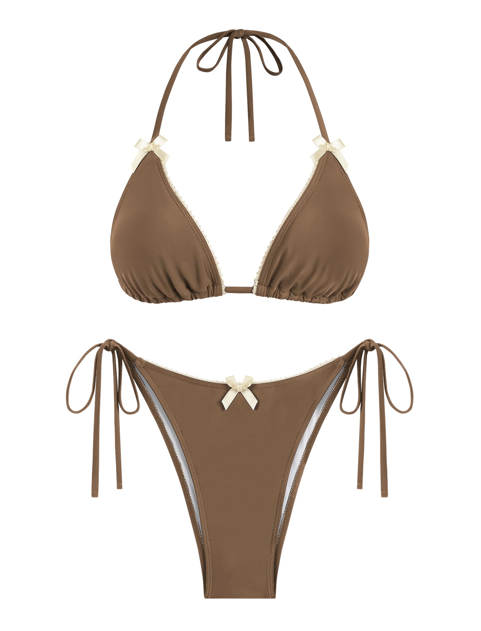 ZAFUL Bikini Sets for Women Halter Bow Decor Tiny Floral Gingham Print Swimsuit Tie Side 2 Pieces Bathing Suit