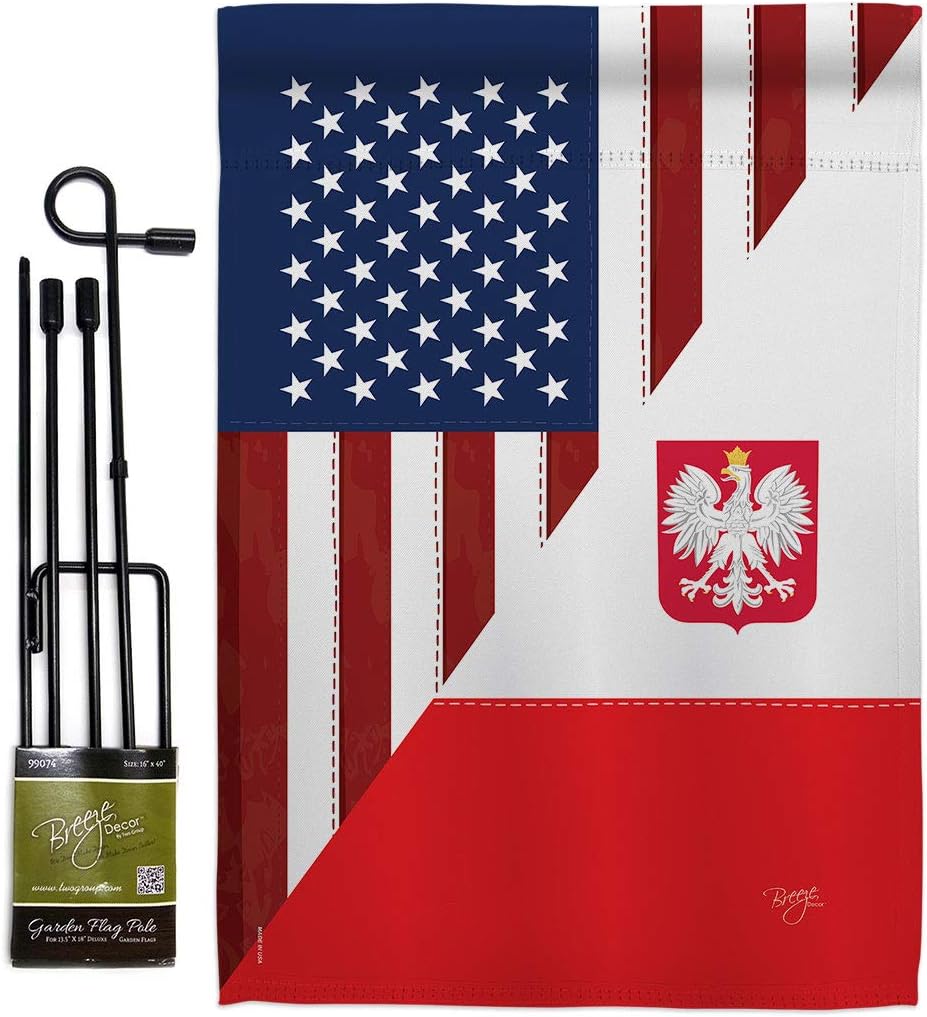 Breeze Decor US Polish Friendship Garden Flag Set with Stand Regional American Alliance World Country Particular Area House Decoration Banner Small Yard Gift Double-Sided, Made in USA