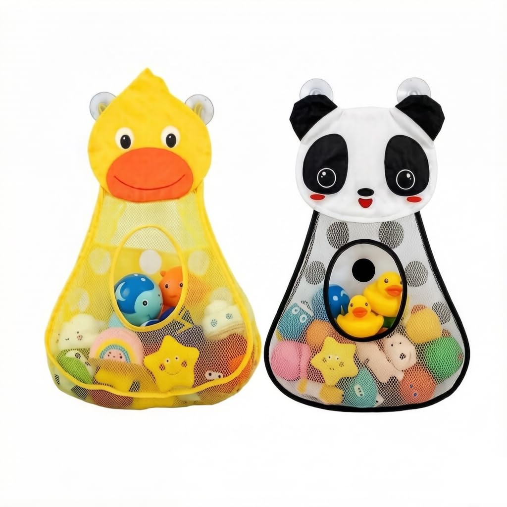 Bath Toy Storage Bag 2-Pack with Suction Cups, Mesh Organizer Net for Bathtub Accessories & Sorting Toys, Cute Panda and Duck Design