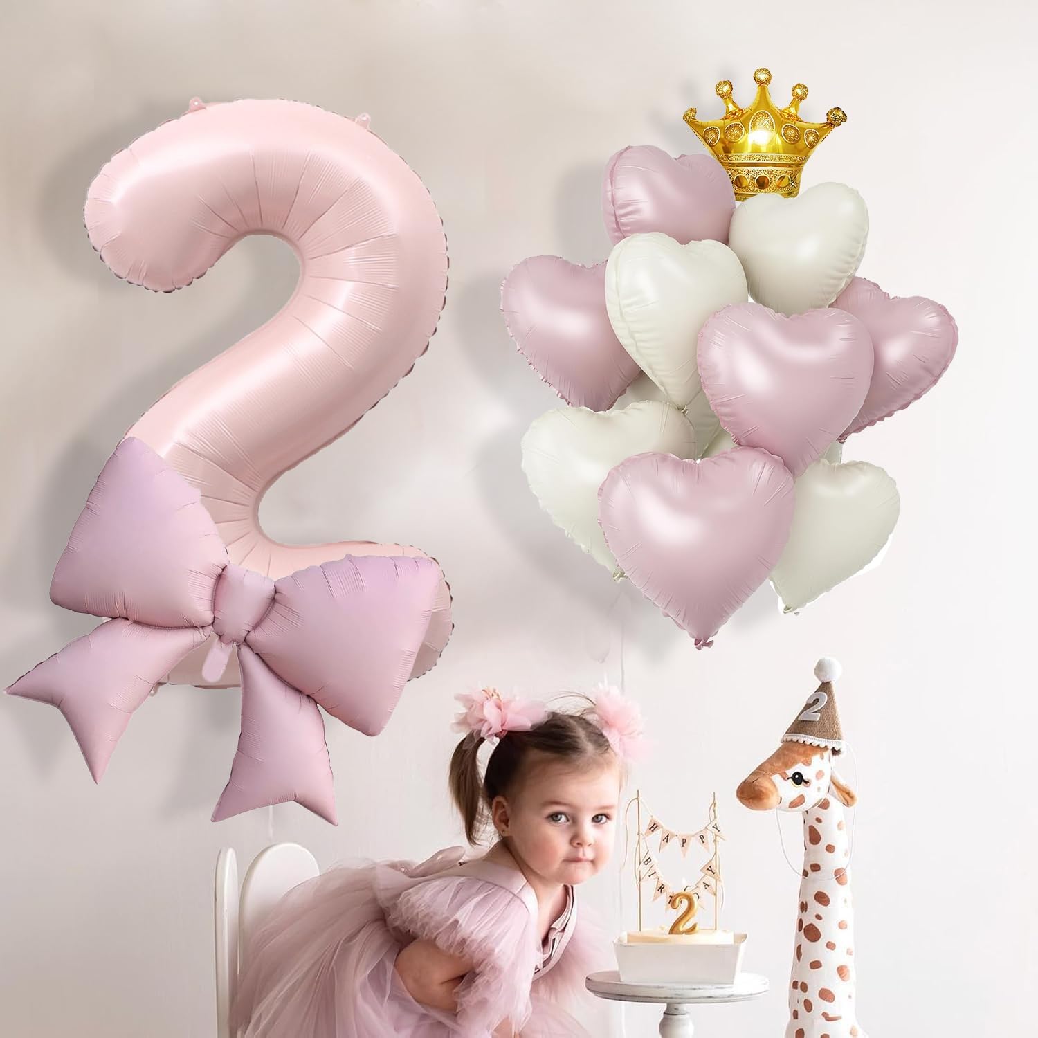 LilyZheng Pastel Pink Number 2 Foil Balloon Set, Baby Pink 2 Balloon & Bow, with Gold Crown, Pink & Cream Heart Balloons for Girls’ 2nd Birthday, Baby Shower and Princess Party Decorations - Image 3