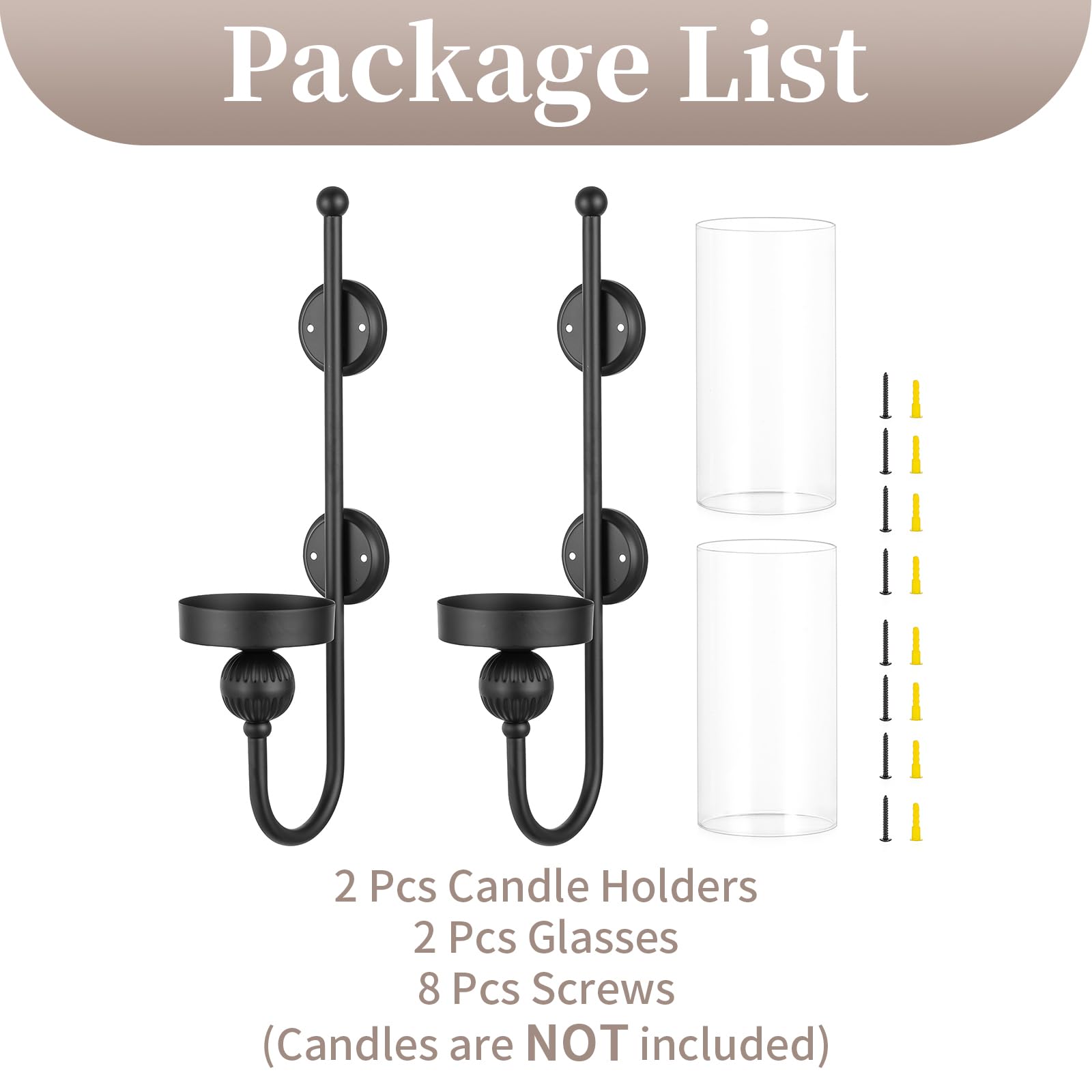 Sziqiqi Negro Portavelas de Pared Metálicos: Apliques para Pilares Juego de 2 con Cristales Antiviento - Soportes Modernos de Pared para Velas como Decoración de Pared para Salón Baño Dormitorio