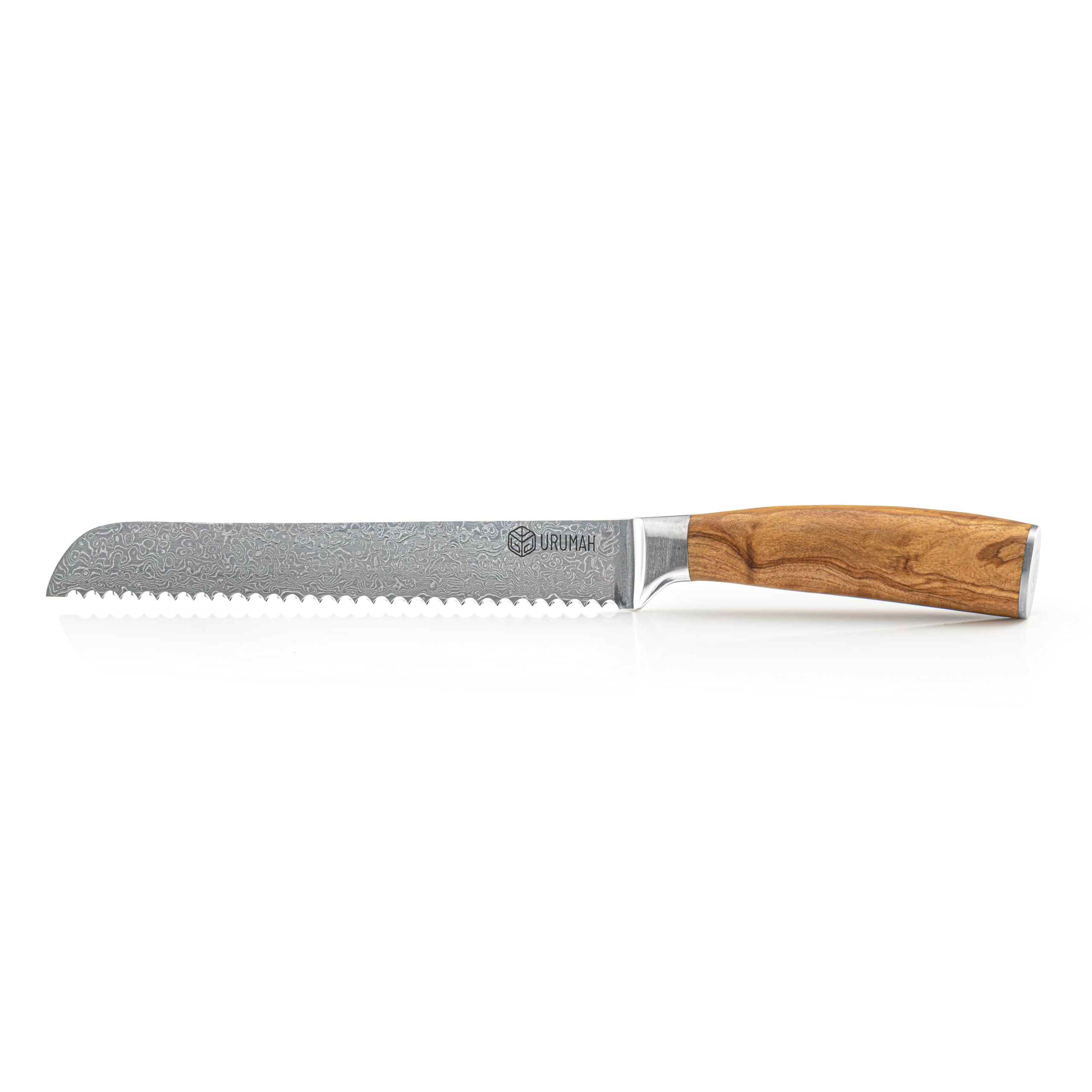 Damast Brotmesser Wellenschliff Klingenlänge 20 cm, Olivenholzgriff, 67‑lagiger Damaststahl, handgeschmiedet, inkl. Etui & Geschenkbox
