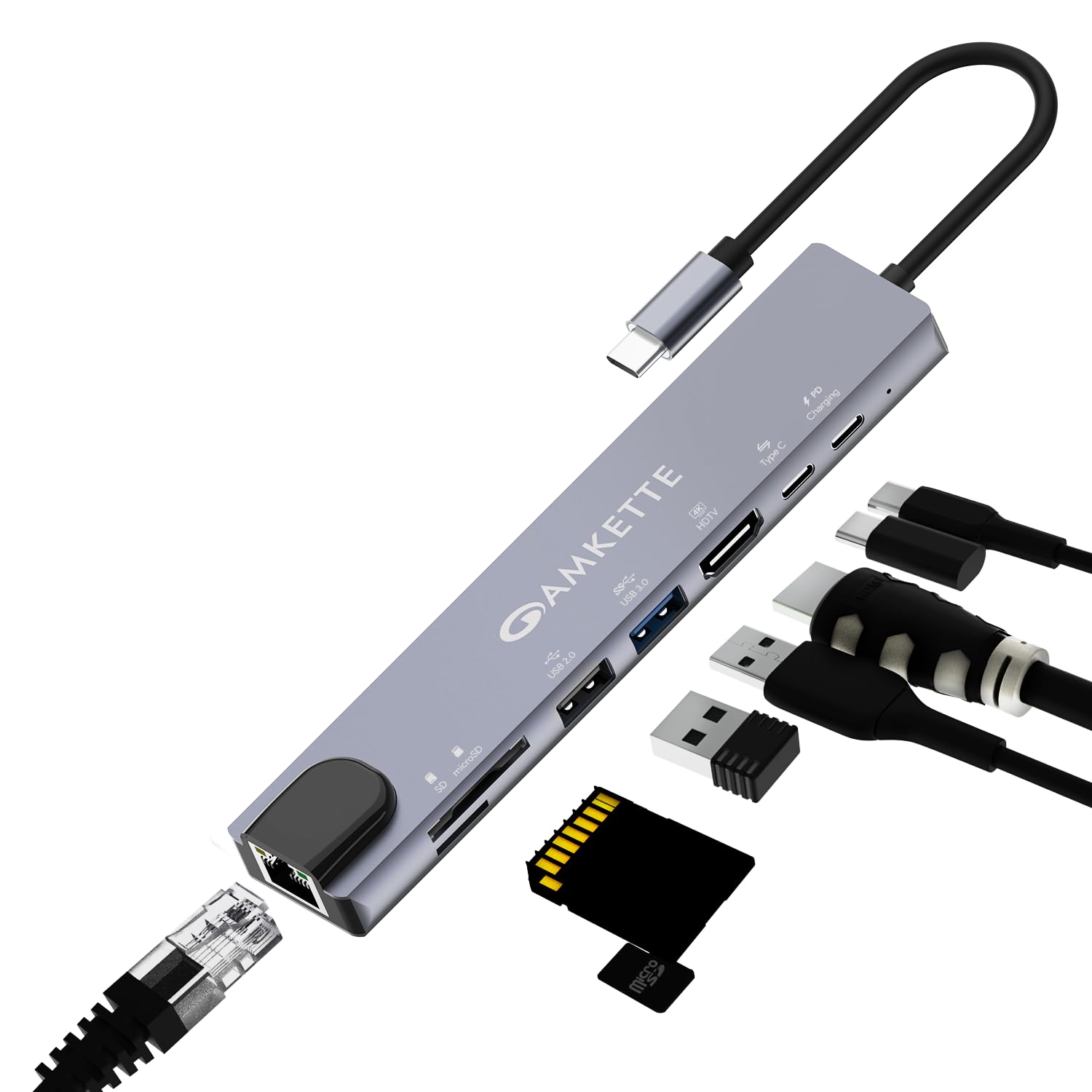 Amkette 8-in-1 Type C Hub/Docking Station with 100W Power Delivery&USB C Data Transfer Multiport Adapter with 4K HDMI,USB 3.0,100 MBPS Ethernet,SD/TF Card Reader,for All Type C Devices-MacBook,Laptops