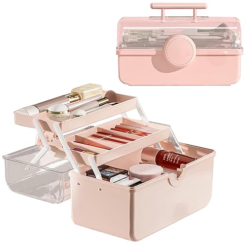 Organizador de almacenamiento de maquillaje, organizador de maquillaje de gran capacidad con cubierta visual transparente, asa de 3 capas, caja de