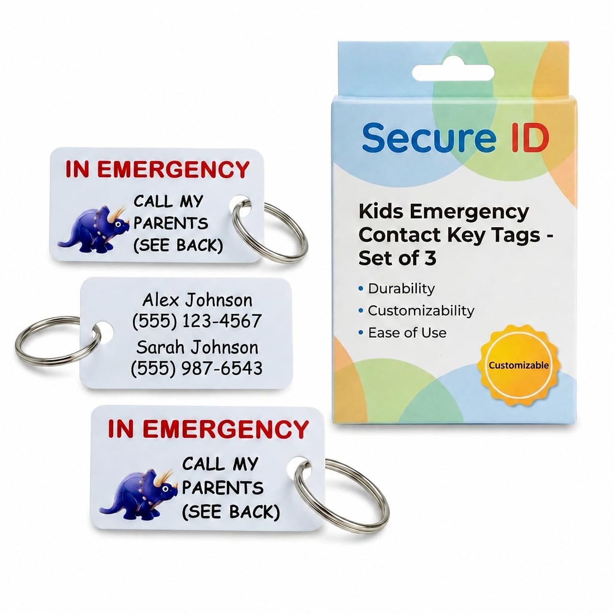 'Kids Emergency Contact Key Tags - Set of 3! Customizable! (Dinosaur)