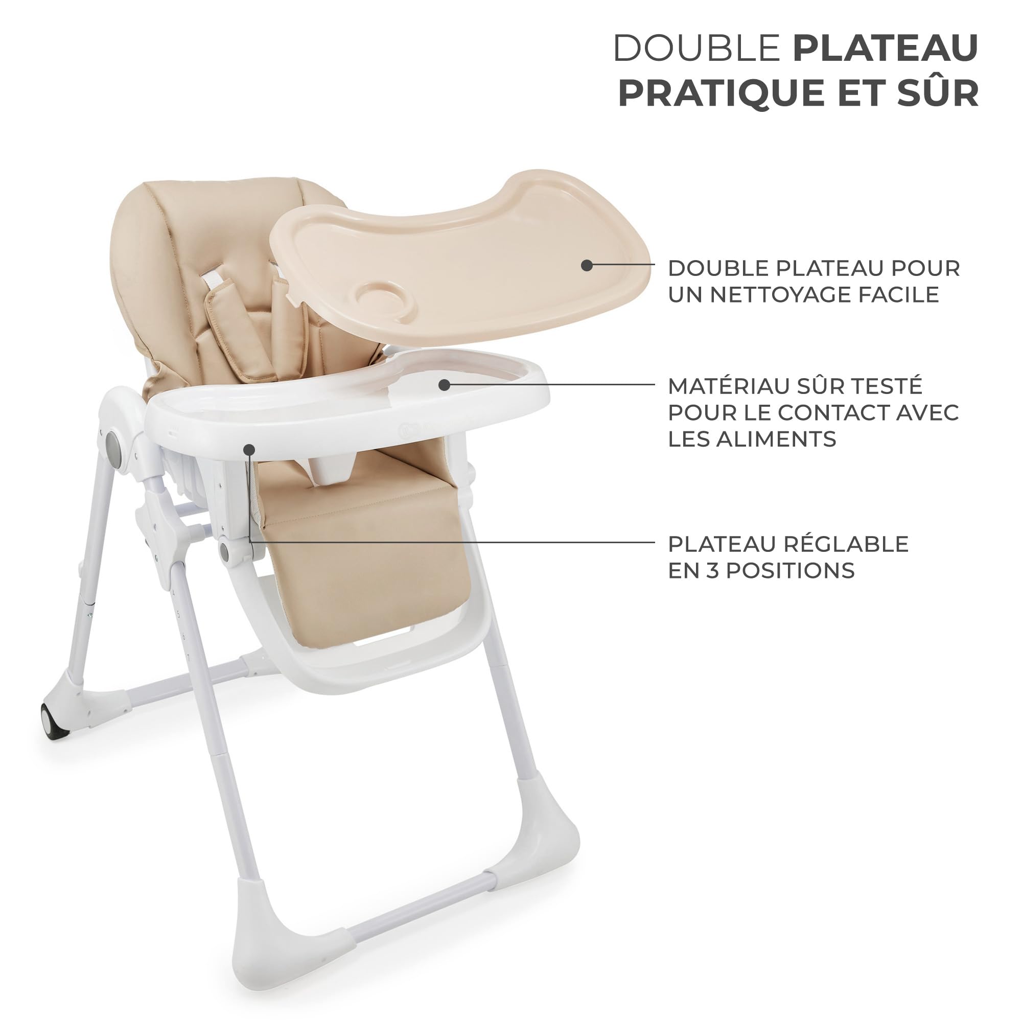 Kinderkraft TUMMIE Chaise Haute 2 en 1, pour Bébé Ergonomique, Confortable, Inclinable, Pliable, avec Hauteur Réglable, Repose-Pieds, Plateau Amovible, pour Tout-Petit, avec jouets, Beige
