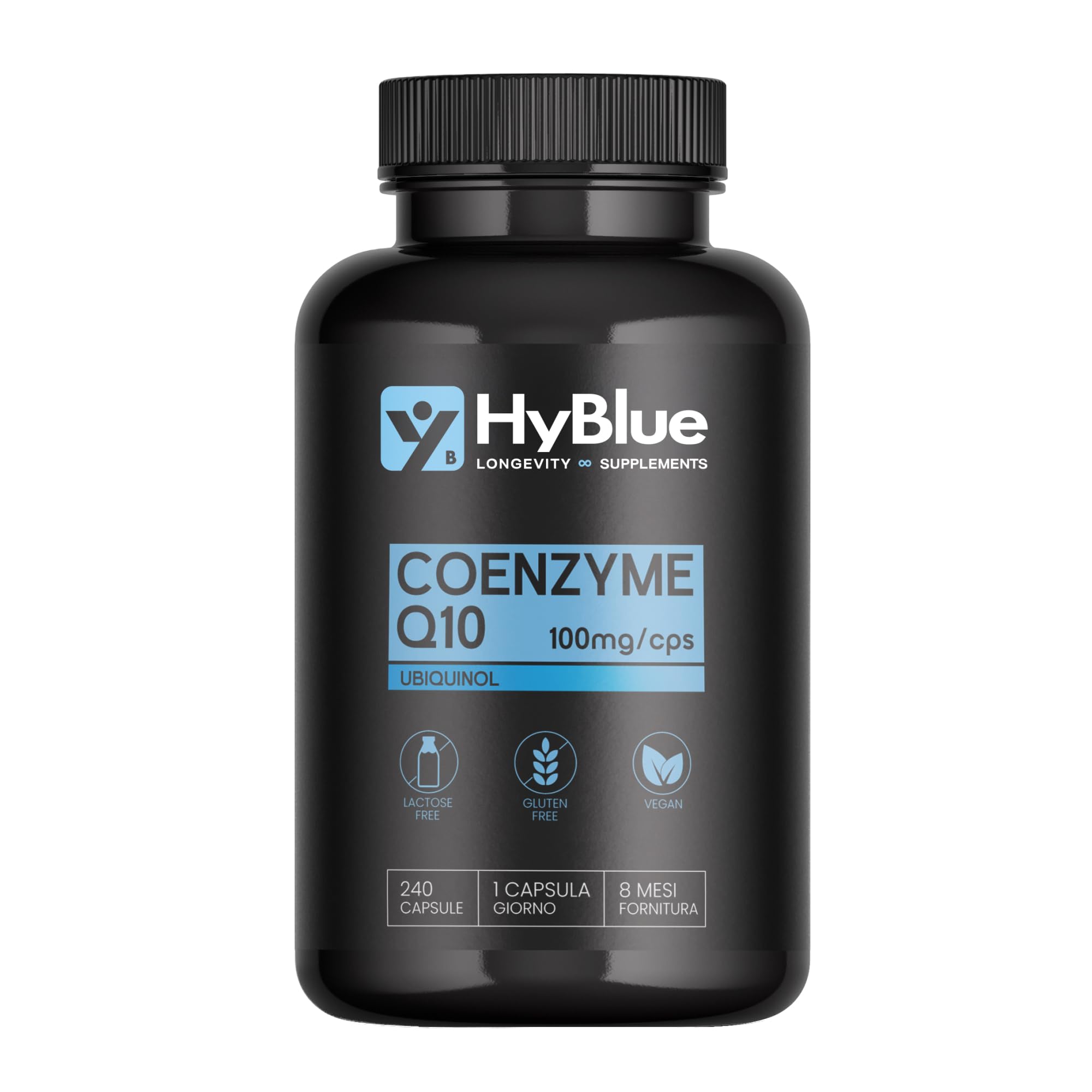 HyBlue Coenzima Q10 Ubichinolo 240 cps, 100 mg | Integratore Ubiquinol Coq10 | Potente Antiossidante per Energia Cellulare e Benessere Cardiaco | Senza Glutine Ne Lattosio, 100% Vegano | Fino 8 Mesi