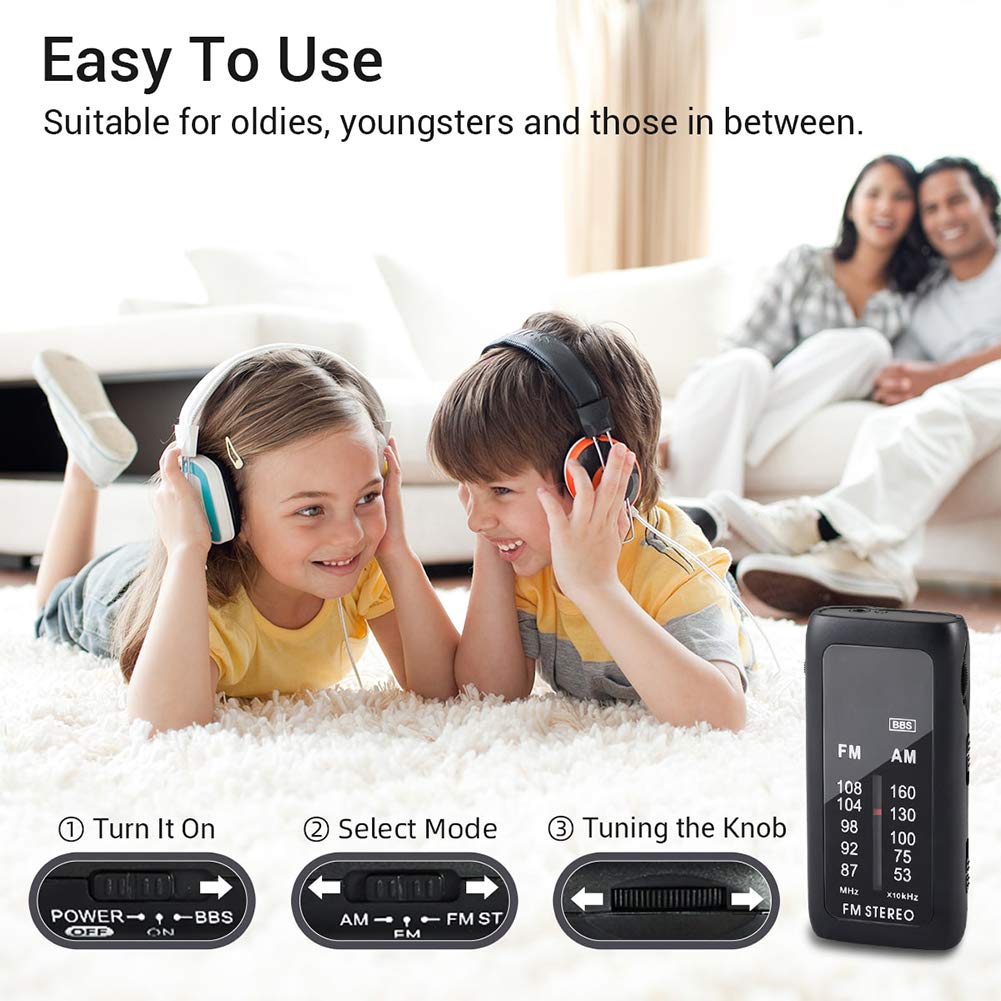 C- Mini Radio Radio portátil de Bolsillo FM/Am con Auriculares, Radio Transistor estéreo Personal con Bajos mejorados, operado por baterías AAA para Caminar, Trotar y Acampar,Blanco