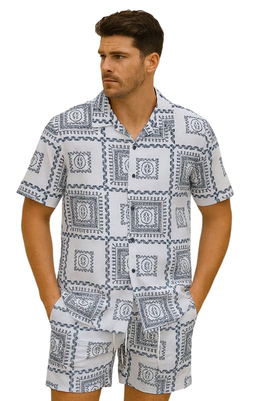 Men’s Printed Co-Ord Set | Plus Size Casual Shirt & Shorts Set | Nightwear Pajama Suit, Loungewear, Beachwear & Vacation Outfit Design No Shirt-Short Set3-Parent-image-44