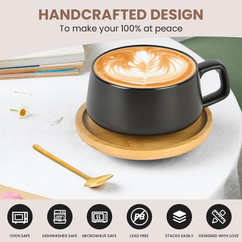 Lot de 4 Tasses à Cappuccino avec soucoupe,320ml Ensemble Tasses à Expresso en Grès,set de tasses et soucoupes,tasses à café avec disque en bois pour café, cappuccino,thé(Noir mat)