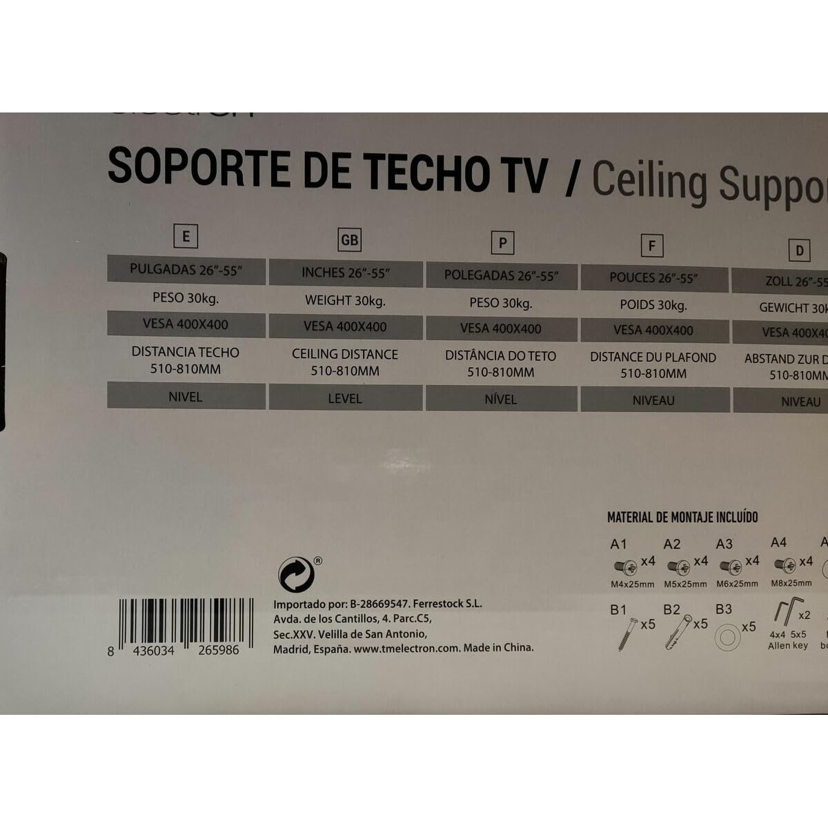 TM Electron TMSLC410 Soporte Universal de Techo Extensible y Giratorio para monitores o televisores LED, OLED, LCD, Plasma de 26" a 55",MAX. 30Kg, VESA 400x400, Negro