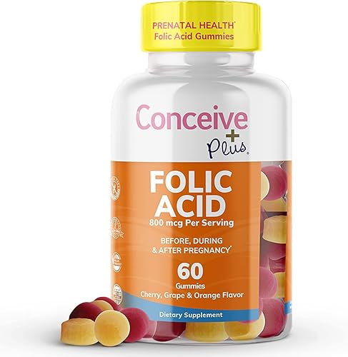 CONCEIVE PLUS Gomitas de ácido fólico, suplemento de folato de 800 mcg para mujeres, goma masticable natural, 3 sabores de frutas, sin OMG,
