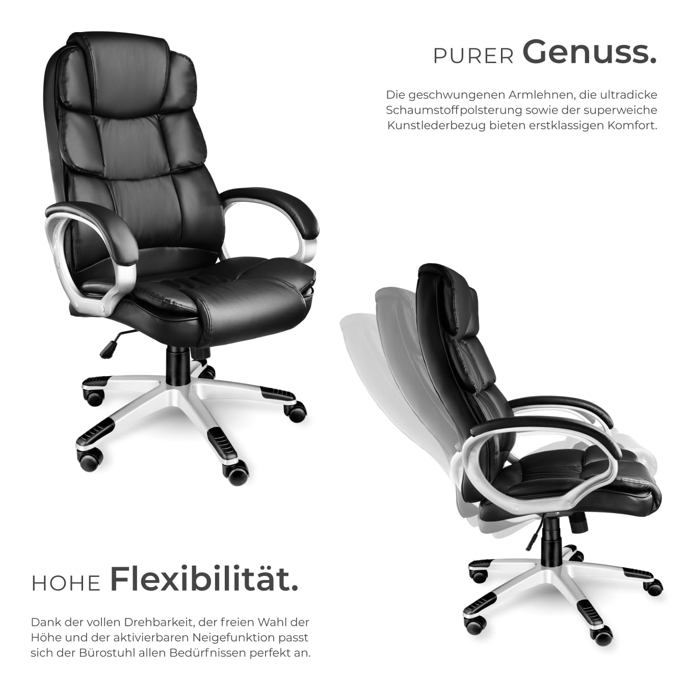 tectake® Chefsessel, Bürostuhl mit 12 cm Polsterung, Schreibtischstuhl mit Armlehnen & Wippfunktion, ergonomischer Bürostuhl, höhenverstellbar, PC Stuhl, Drehstuhl mit Rollen in Lederoptik - schwarz